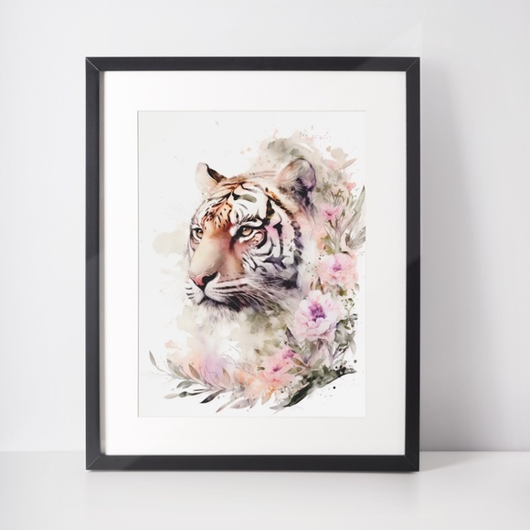 Floral Tiger Watercolor Wall Art Illustration Print Poster Card Unframed - Picture 2 of 6